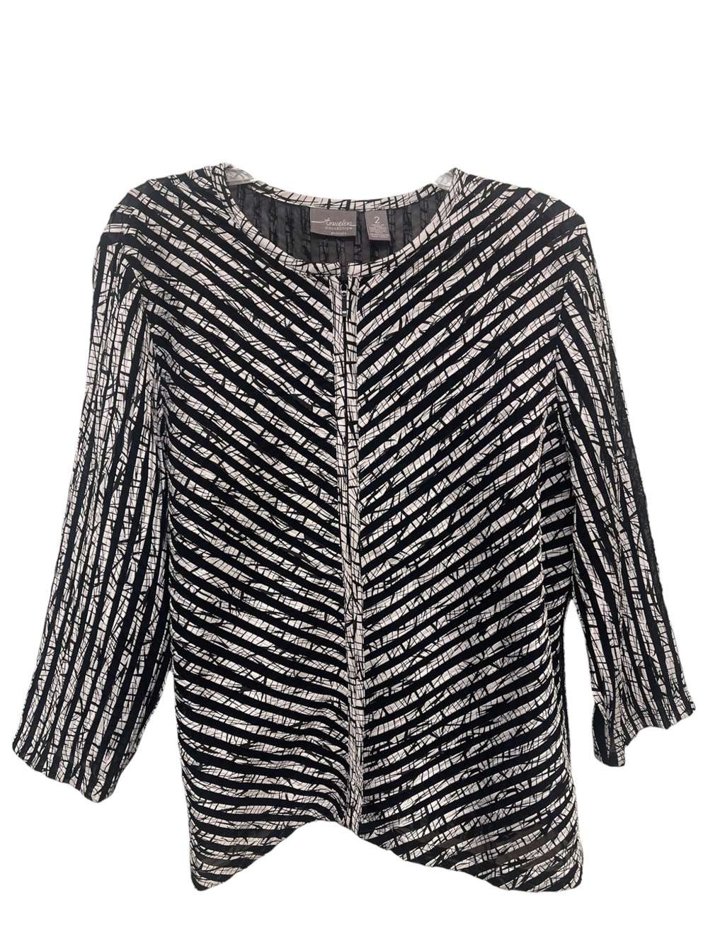 CHICOS Travelers Printed Black & White Stripe Burnout cardigan 3/4 Sleeve 2/M